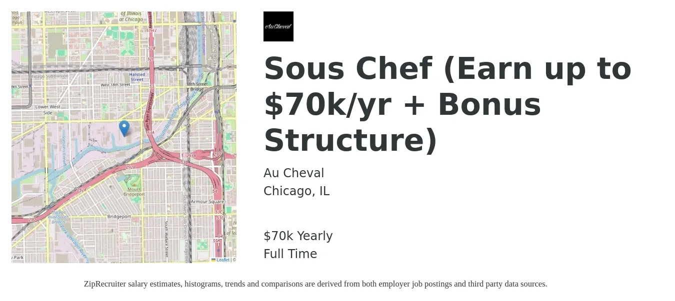 Au Cheval job posting for a Sous Chef (Earn up to $70k/yr + Bonus Structure) in Chicago, IL with a salary of $70,000 Yearly with a map of Chicago location.