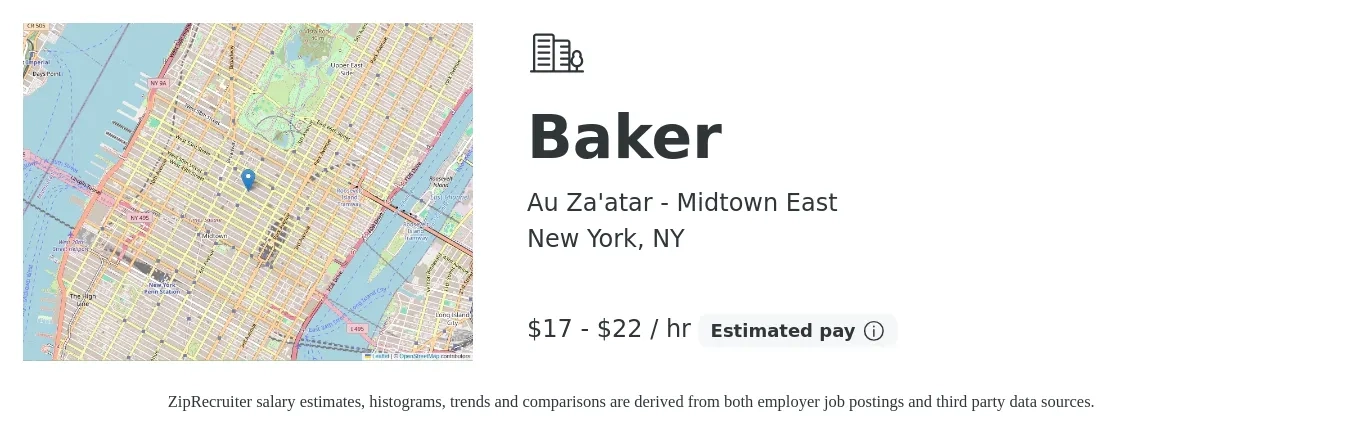 Au Za'atar - Midtown East job posting for a Baker in New York, NY with a salary of $18 to $23 Hourly with a map of New York location.