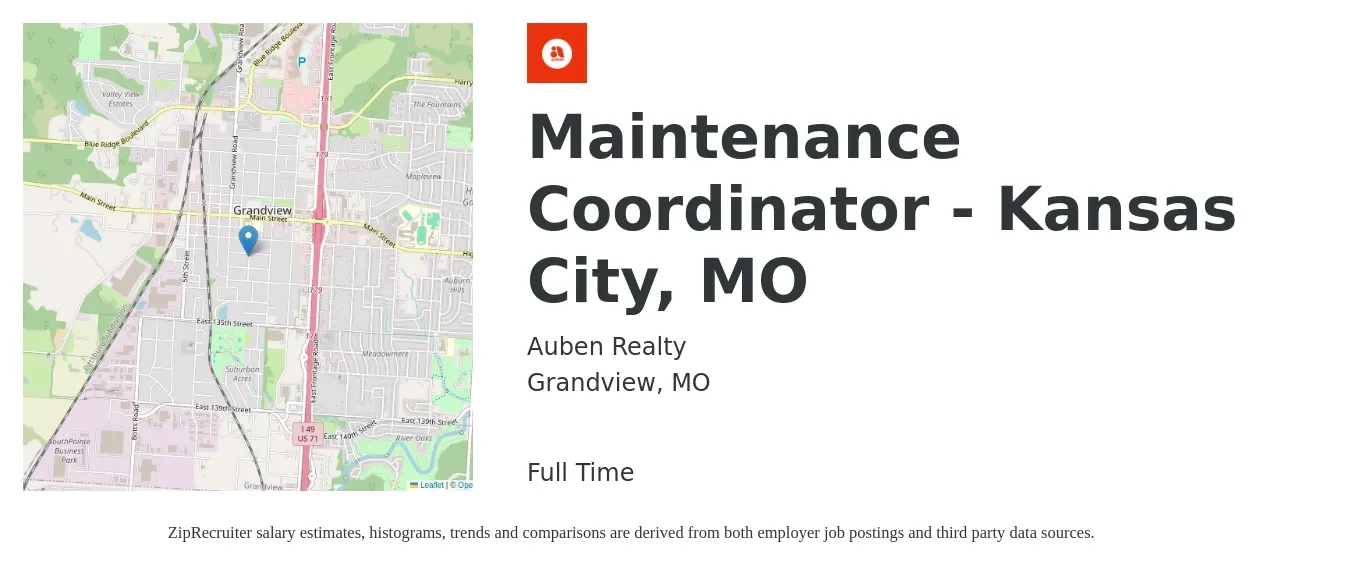 Auben Realty job posting for a Maintenance Coordinator - Kansas City, MO in Grandview, MO with a salary of $20 to $30 Hourly with a map of Grandview location.