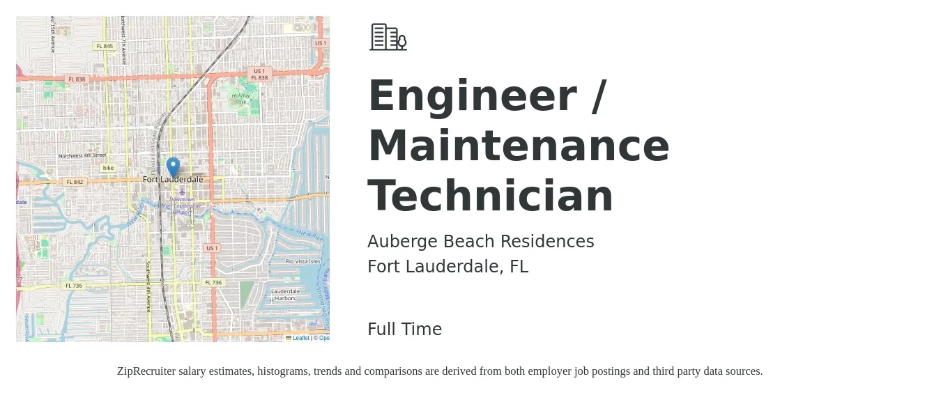 Auberge Beach Residences job posting for a Engineer / Maintenance Technician in Fort Lauderdale, FL with a salary of $44,800 to $68,600 Yearly with a map of Fort Lauderdale location.