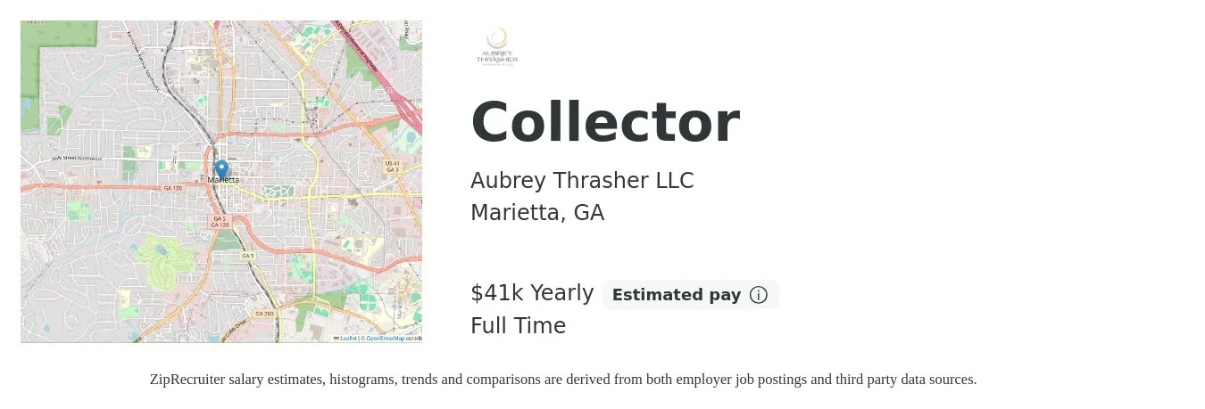 Aubrey Thrasher LLC job posting for a Collector in Marietta, GA with a salary of $41,600 Yearly with a map of Marietta location.