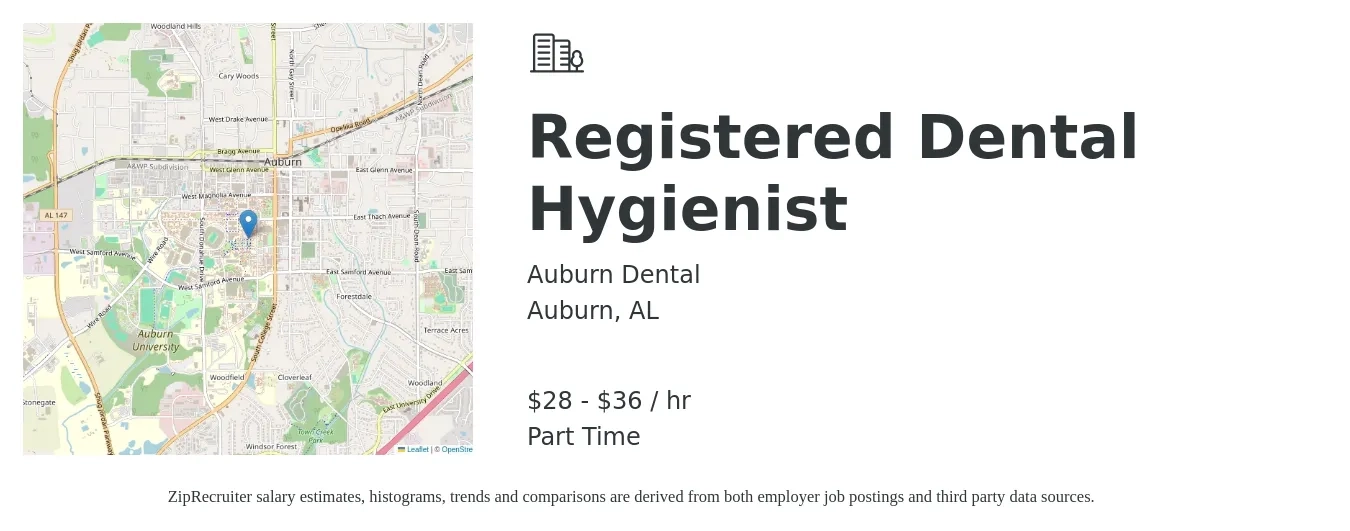Auburn Dental job posting for a Registered Dental Hygienist in Auburn, AL with a salary of $30 to $35 Hourly with a map of Auburn location.
