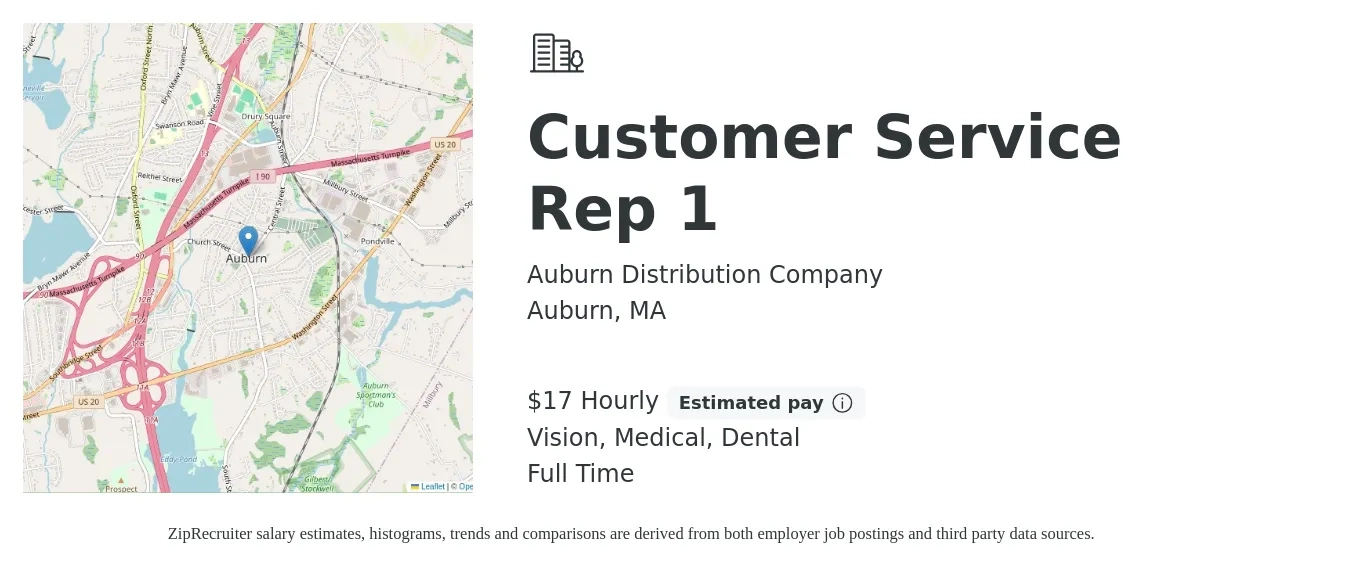Auburn Distribution Company job posting for a Customer Service Rep 1 in Auburn, MA with a salary of $18 Hourly and benefits including dental, life_insurance, medical, retirement, and vision with a map of Auburn location.