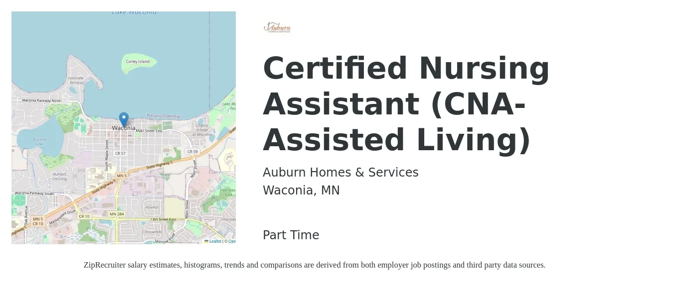 Auburn Homes & Services job posting for a Certified Nursing Assistant (CNA-Assisted Living) in Waconia, MN with a salary of $18 to $24 Hourly with a map of Waconia location.