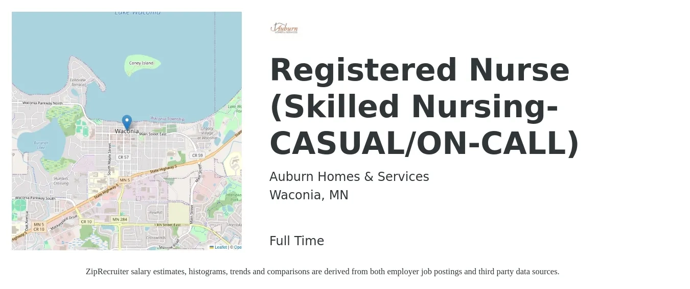 Auburn Homes & Services job posting for a Registered Nurse (Skilled Nursing-CASUAL/ON-CALL) in Waconia, MN with a salary of $36 Hourly with a map of Waconia location.
