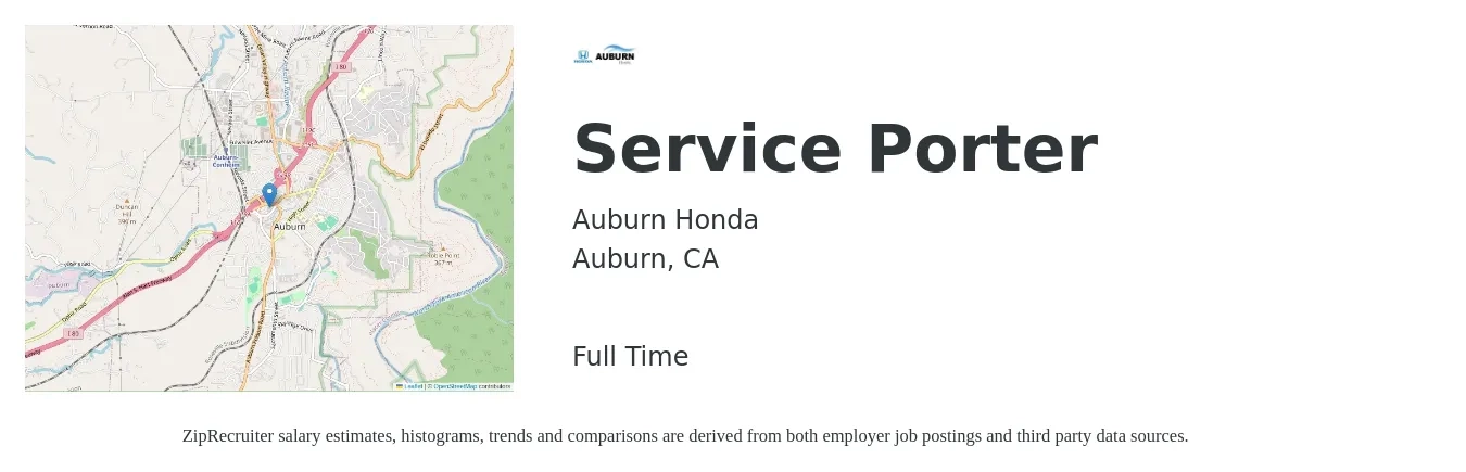 Auburn Honda job posting for a Service Porter in Auburn, CA with a salary of $16 to $20 Hourly with a map of Auburn location.