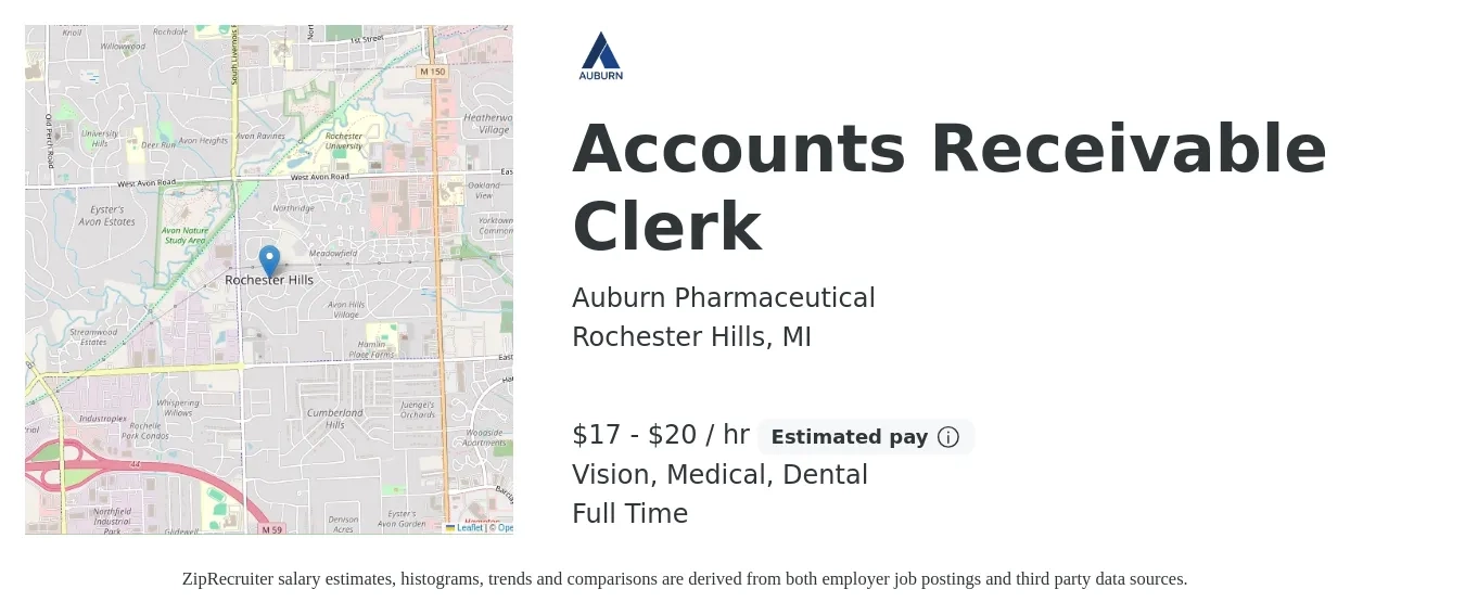 Auburn Pharmaceutical job posting for a Accounts Receivable Clerk in Rochester Hills, MI with a salary of $18 to $21 Hourly and benefits including retirement, vision, dental, life_insurance, medical, and pto with a map of Rochester Hills location.