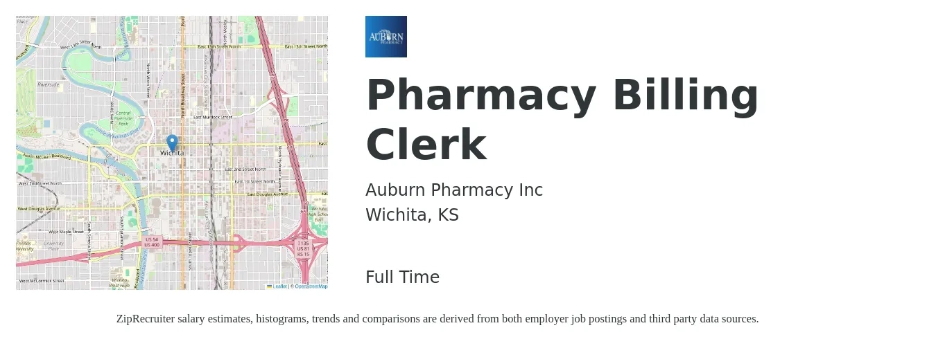 Auburn Pharmacy Inc job posting for a Pharmacy Billing Clerk in Wichita, KS with a salary of $16 to $21 Hourly with a map of Wichita location.
