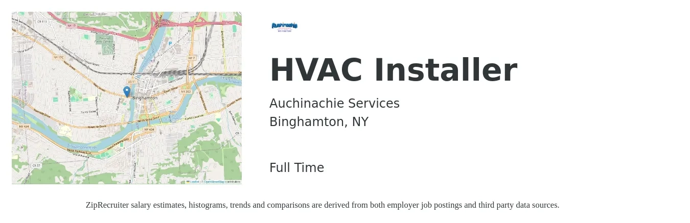 Auchinachie Services job posting for a HVAC Installer in Binghamton, NY with a salary of $20 to $31 Hourly with a map of Binghamton location.