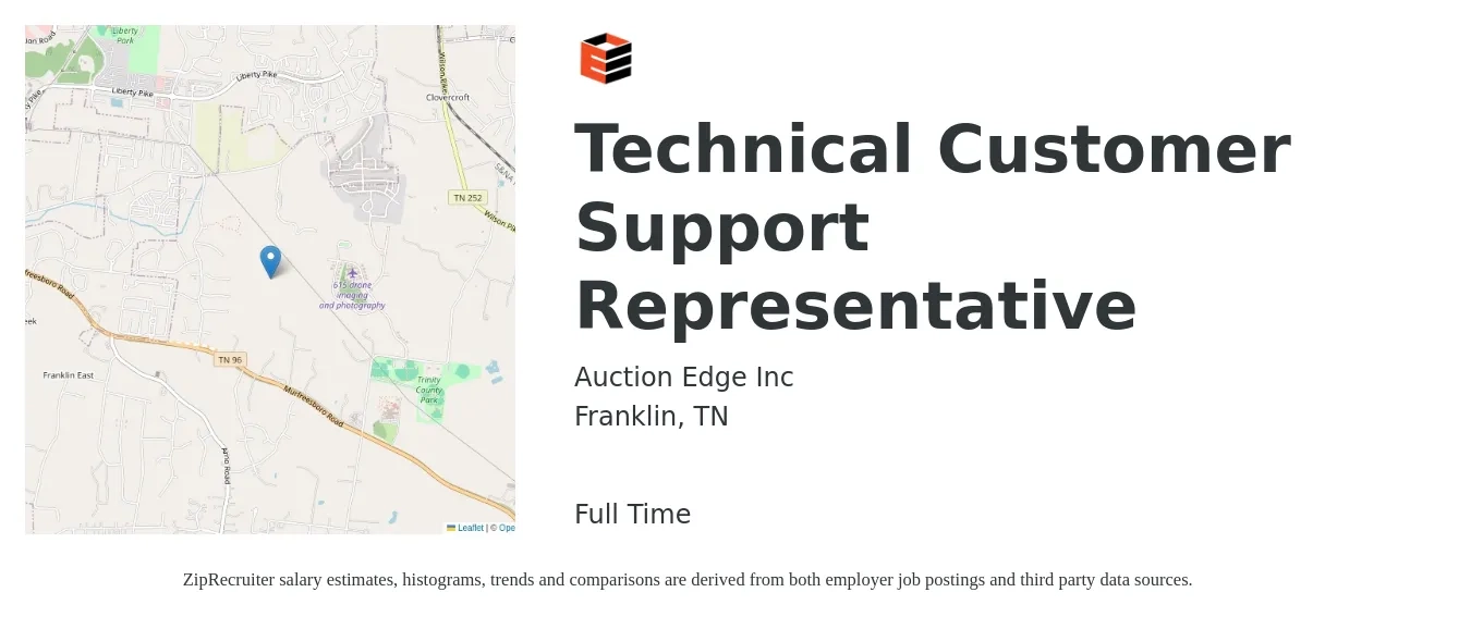 Auction Edge Inc job posting for a Technical Customer Support Representative in Franklin, TN with a salary of $4,000 Monthly with a map of Franklin location.