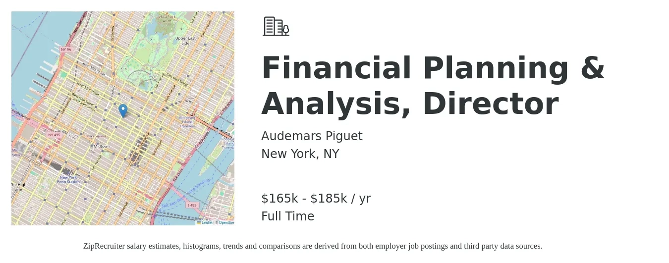 Audemars Piguet job posting for a Financial Planning & Analysis, Director in New York, NY with a salary of $155,000 to $170,000 Yearly with a map of New York location.