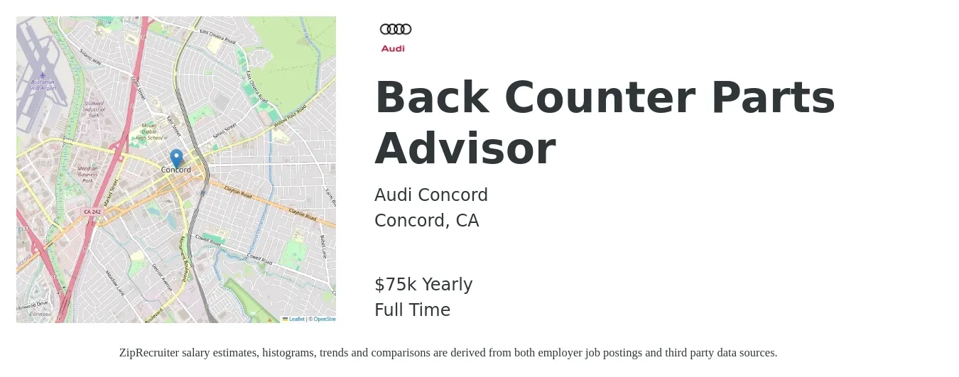 Audi Concord job posting for a Back Counter Parts Advisor in Concord, CA with a salary of $75,000 Yearly with a map of Concord location.