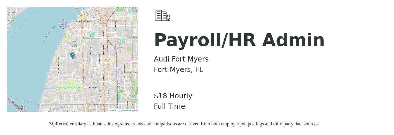 Audi Fort Myers job posting for a Payroll/HR Admin in Fort Myers, FL with a salary of $19 Hourly with a map of Fort Myers location.