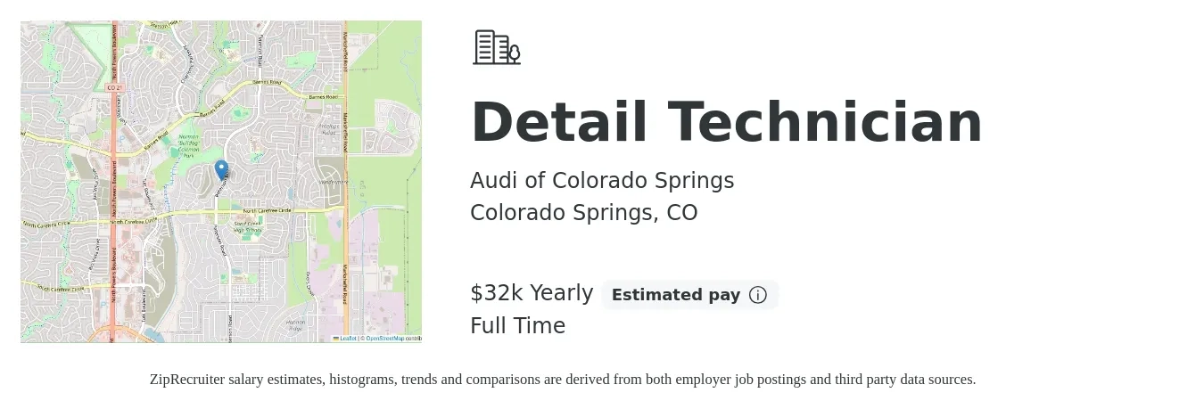 Audi of Colorado Springs job posting for a Detail Technician in Colorado Springs, CO with a salary of $32,409 Yearly with a map of Colorado Springs location.