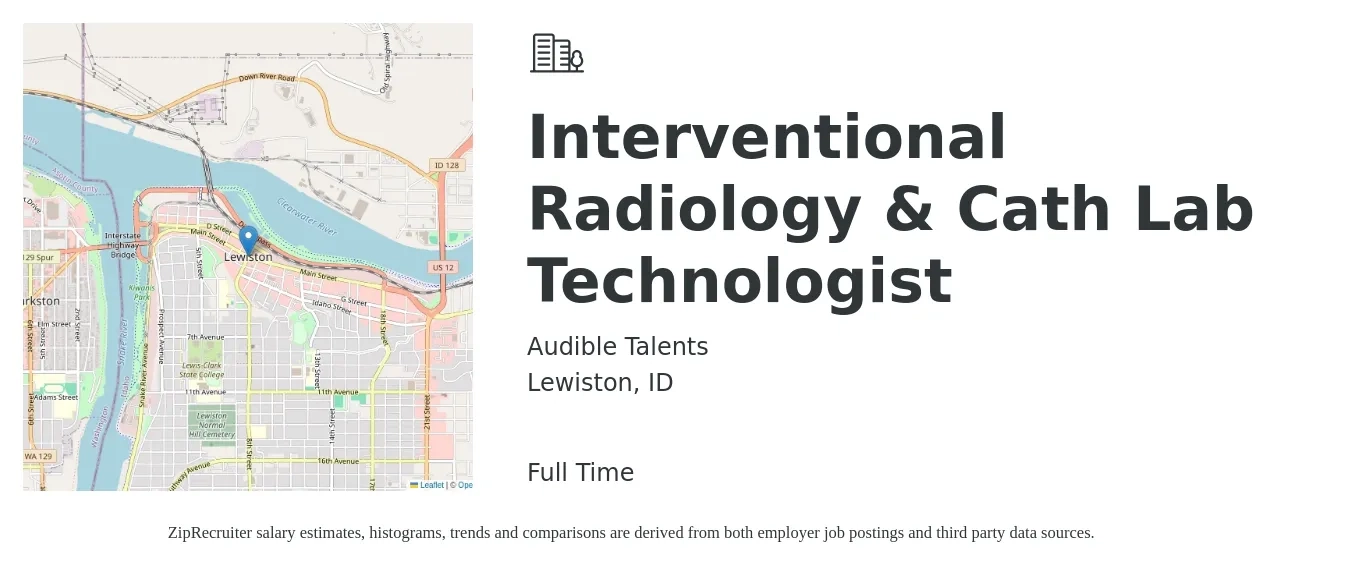 Audible Talents job posting for a Interventional Radiology & Cath Lab Technologist in Lewiston, ID with a salary of $1,430 to $2,680 Weekly with a map of Lewiston location.