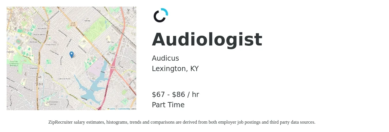 Audicus job posting for a Audiologist in Lexington, KY with a salary of $70 to $90 Hourly with a map of Lexington location.