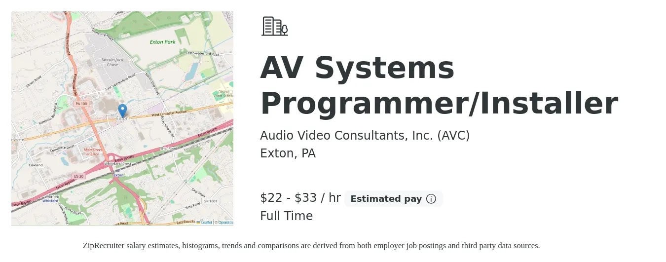 Audio Video Consultants, Inc. (AVC) job posting for a AV Systems Programmer/Installer in Exton, PA with a salary of $36 to $62 Hourly with a map of Exton location.