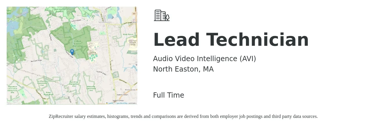 Audio Video Intelligence (AVI) job posting for a Lead Technician in North Easton, MA with a salary of $46,000 to $59,600 Yearly with a map of North Easton location.