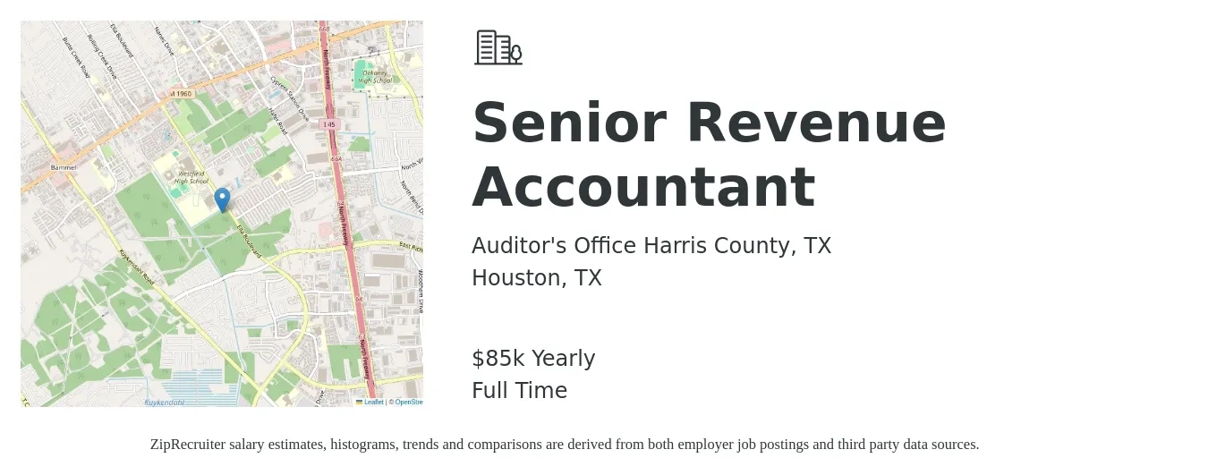 Auditor's Office Harris County, TX job posting for a Senior Revenue Accountant in Houston, TX with a salary of $85,000 Yearly with a map of Houston location.