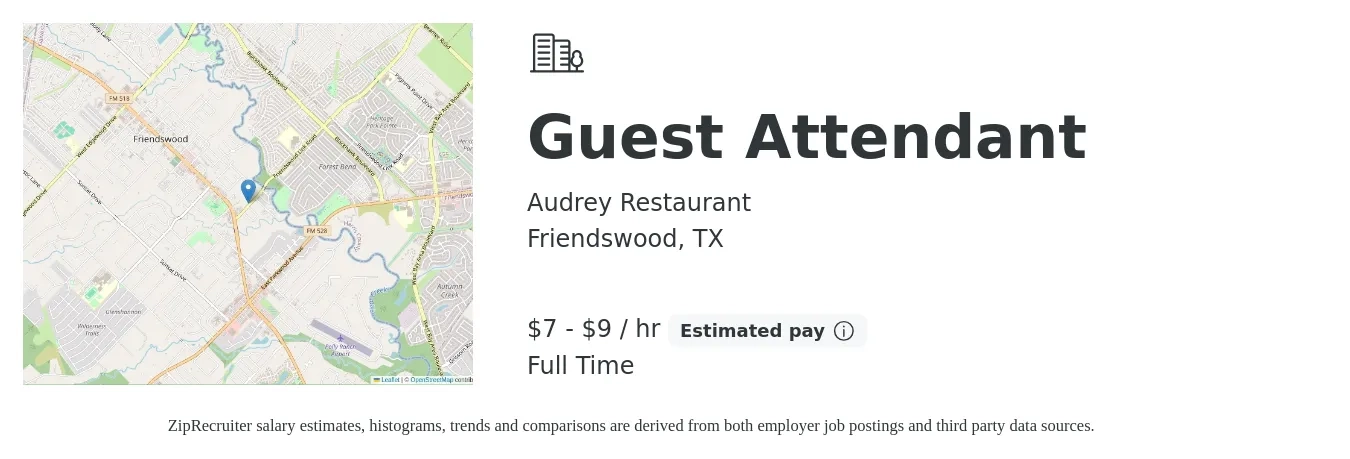 Audrey Restaurant job posting for a Guest Attendant in Friendswood, TX with a salary of $8 to $10 Hourly with a map of Friendswood location.