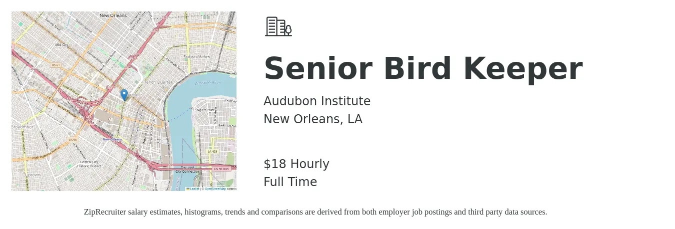 Audubon Institute job posting for a Senior Bird Keeper in New Orleans, LA with a salary of $46,600 to $61,800 Yearly with a map of New Orleans location.