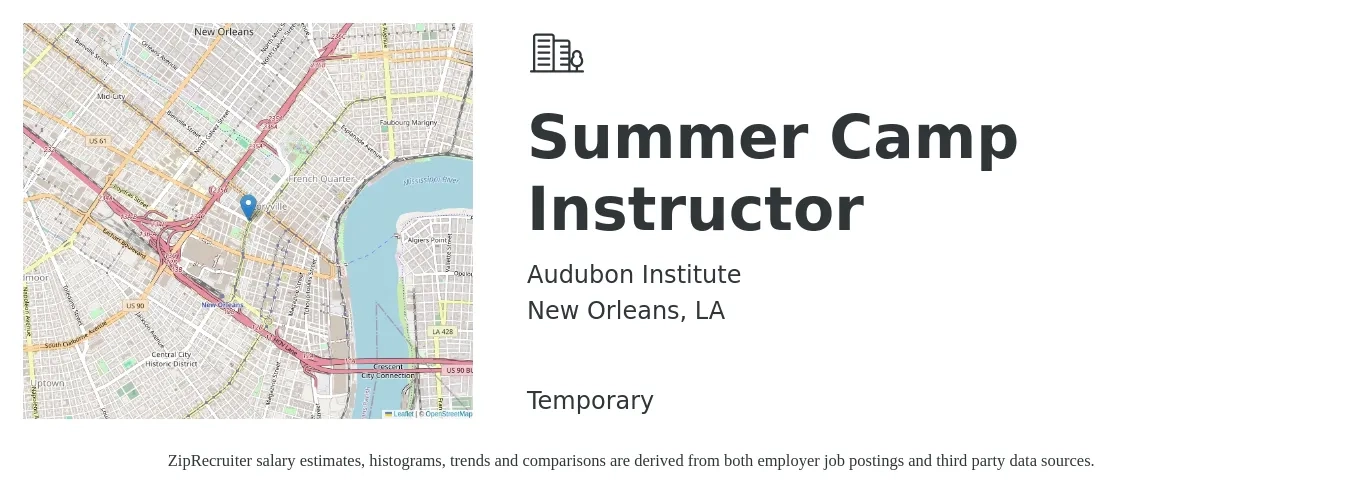 Audubon Institute job posting for a Summer Camp Instructor in New Orleans, LA with a salary of $13 to $17 Hourly with a map of New Orleans location.