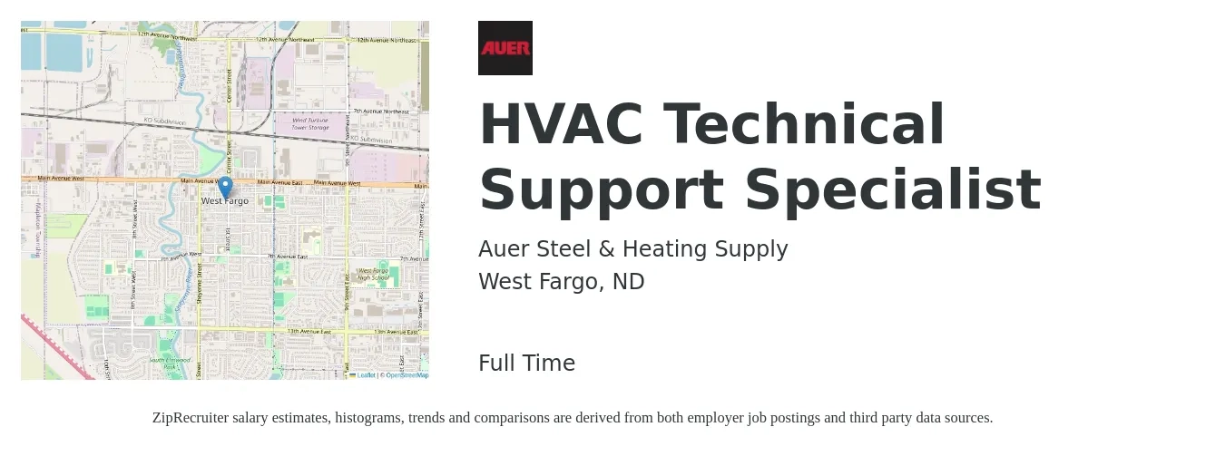 Auer Steel & Heating Supply job posting for a HVAC Technical Support Specialist in West Fargo, ND with a salary of $20 to $31 Hourly with a map of West Fargo location.