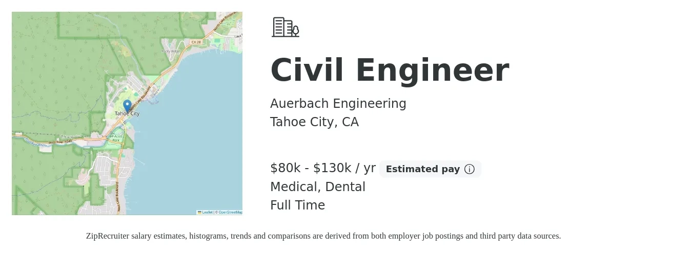 Auerbach Engineering job posting for a Civil Engineer in Tahoe City, CA with a salary of $80,000 to $130,000 Yearly and benefits including dental, life_insurance, and medical with a map of Tahoe City location.