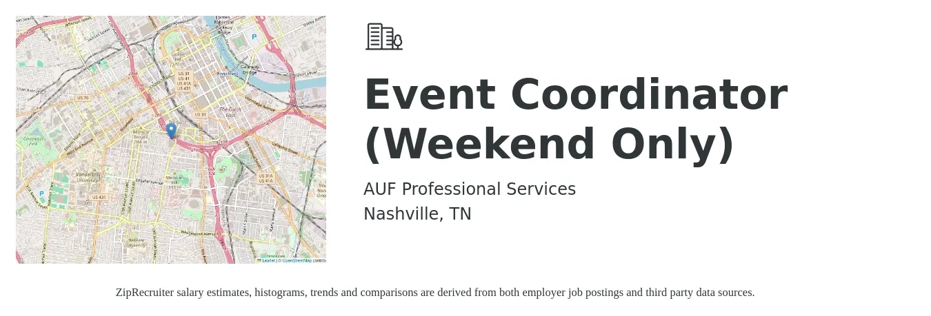 AUF Professional Services job posting for a Event Coordinator (Weekend Only) in Nashville, TN with a salary of $19 to $28 Hourly with a map of Nashville location.