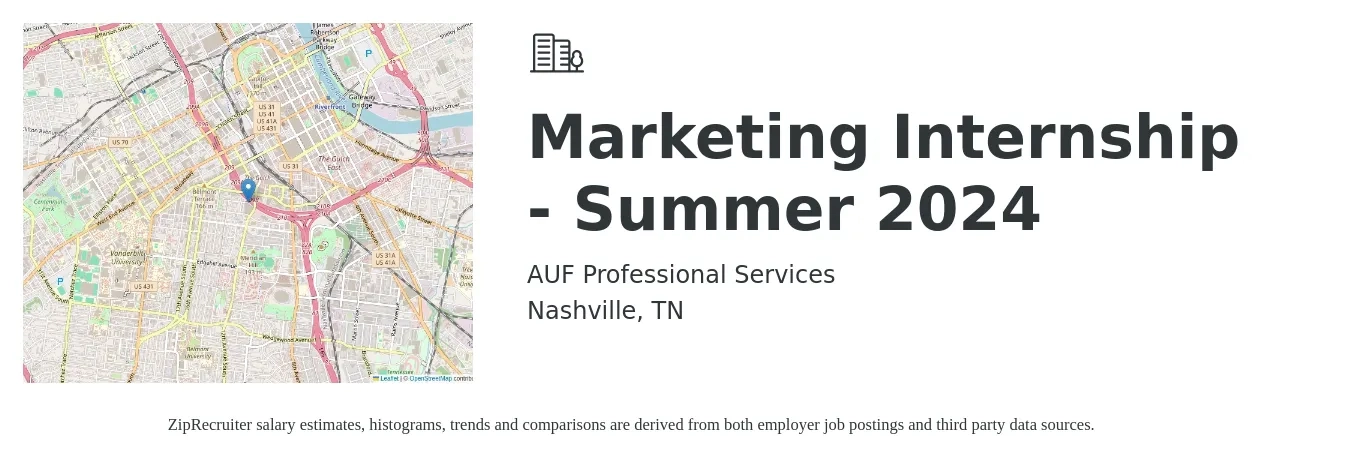 AUF Professional Services job posting for a Marketing Internship - Summer 2024 in Nashville, TN with a salary of $14 to $18 Hourly with a map of Nashville location.