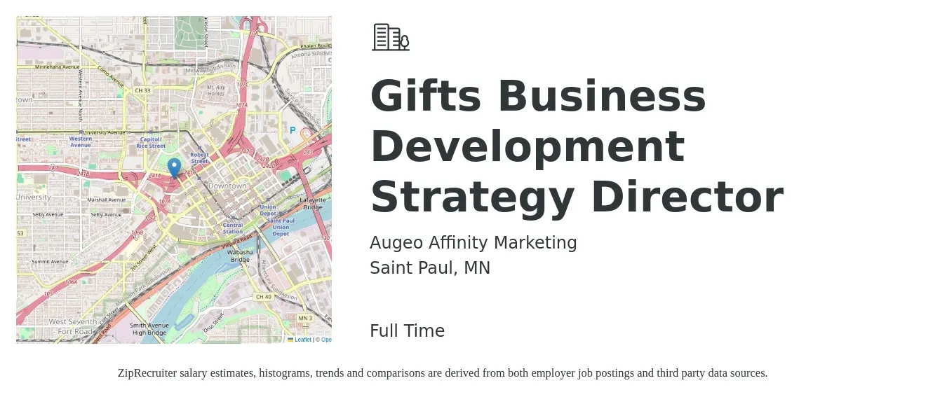 Augeo Affinity Marketing job posting for a Gifts Business Development Strategy Director in Saint Paul, MN with a salary of $69,500 to $107,800 Yearly with a map of Saint Paul location.
