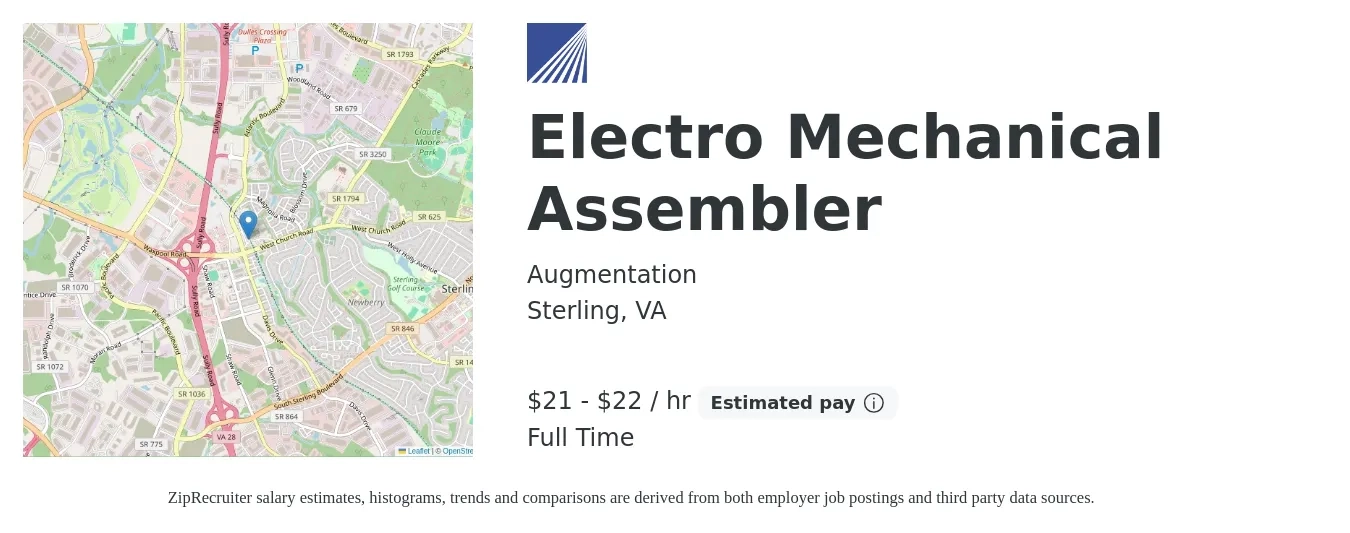 Augmentation job posting for a Electro Mechanical Assembler in Sterling, VA with a salary of $22 to $23 Hourly with a map of Sterling location.