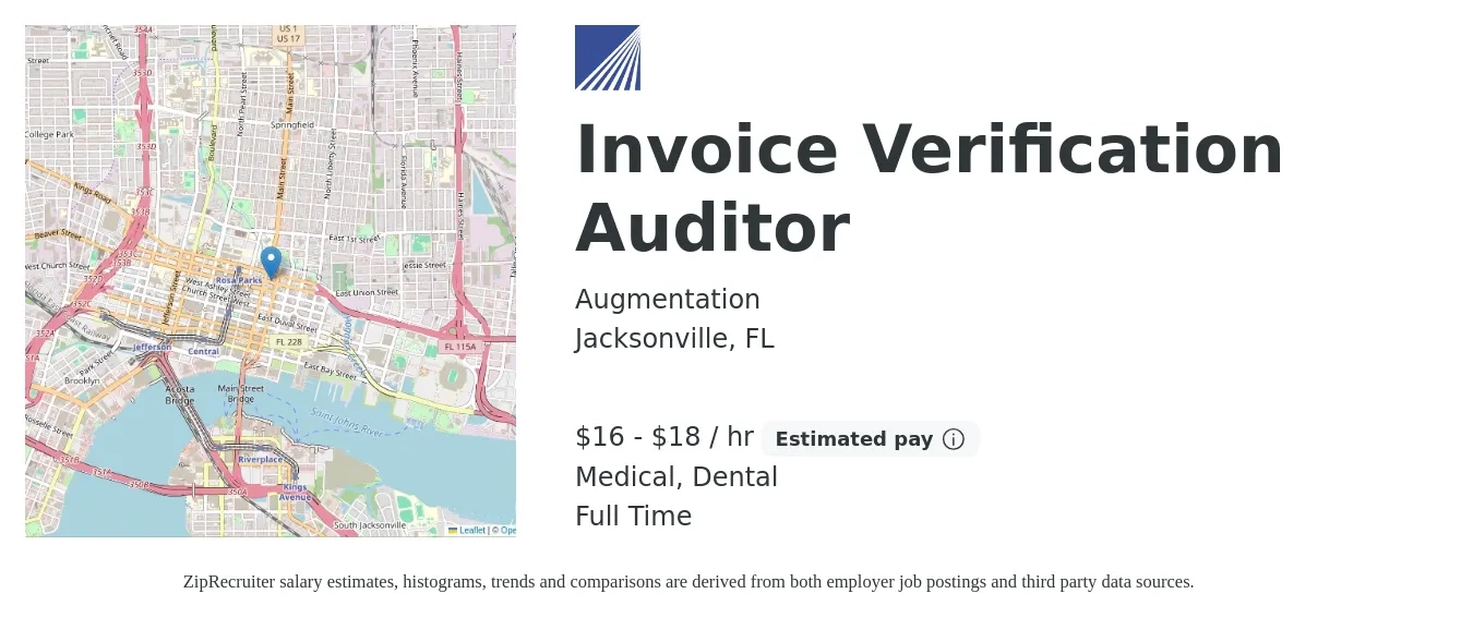 Augmentation job posting for a Invoice Verification Auditor in Jacksonville, FL with a salary of $18 to $19 Hourly and benefits including dental, life_insurance, medical, pto, and retirement with a map of Jacksonville location.