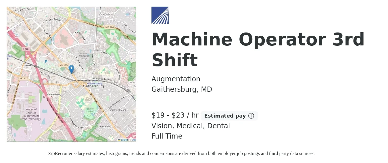Augmentation job posting for a Machine Operator 3rd Shift in Gaithersburg, MD with a salary of $20 to $24 Hourly and benefits including vision, dental, life_insurance, medical, and pto with a map of Gaithersburg location.