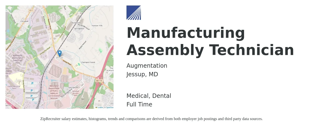 Augmentation job posting for a Manufacturing Assembly Technician in Jessup, MD with a salary of $19 to $22 Daily and benefits including medical, pto, retirement, dental, and life_insurance with a map of Jessup location.