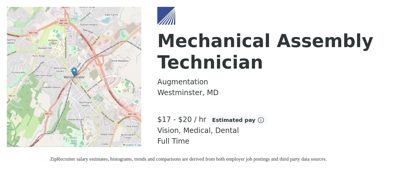 Augmentation job posting for a Mechanical Assembly Technician in Westminster, MD with a salary of $18 to $21 Hourly and benefits including dental, life_insurance, medical, pto, and vision with a map of Westminster location.