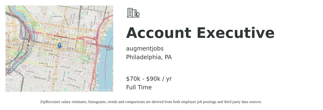 augmentjobs job posting for a Account Executive in Philadelphia, PA with a salary of $70,000 to $90,000 Yearly with a map of Philadelphia location.