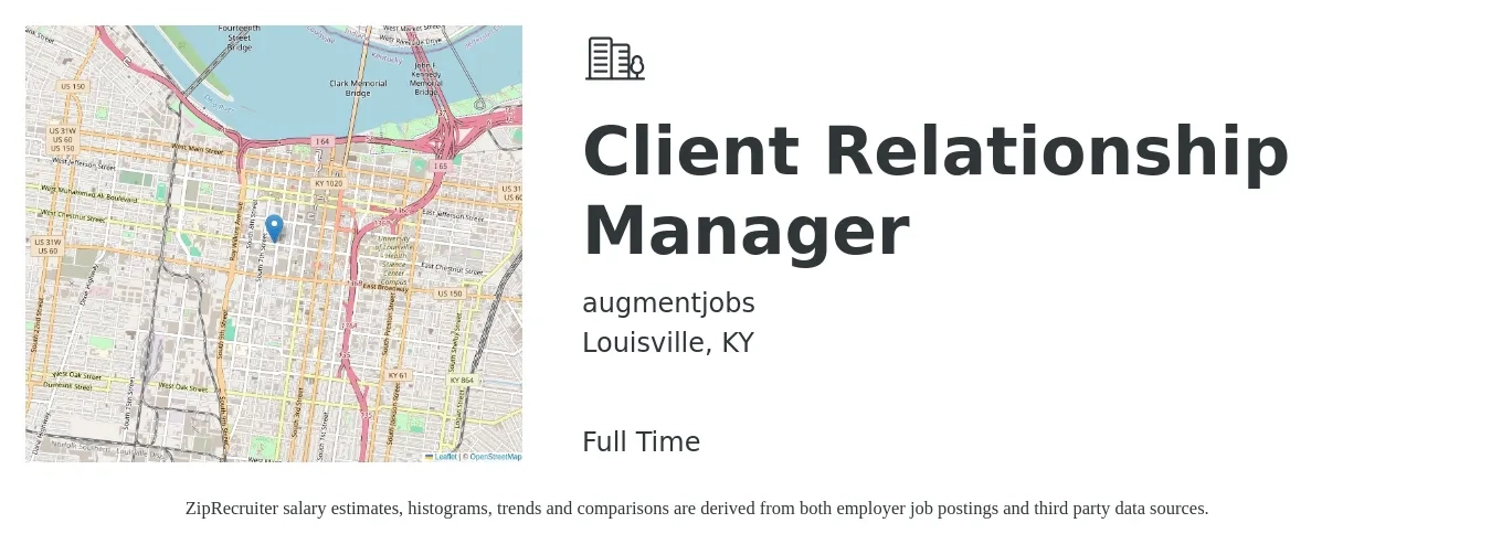 augmentjobs job posting for a Client Relationship Manager in Louisville, KY with a salary of $41,800 to $62,500 Yearly with a map of Louisville location.