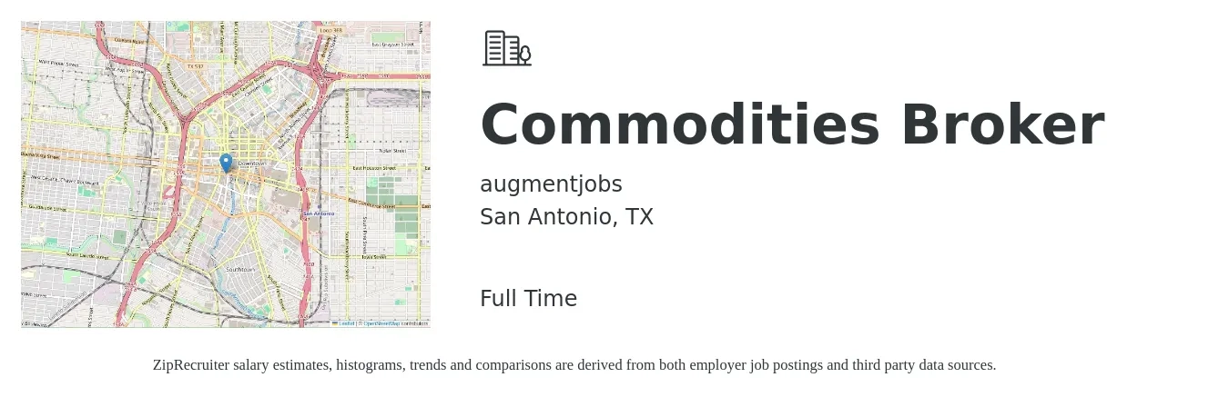 augmentjobs job posting for a Commodities Broker in San Antonio, TX with a salary of $87,900 to $101,500 Yearly with a map of San Antonio location.