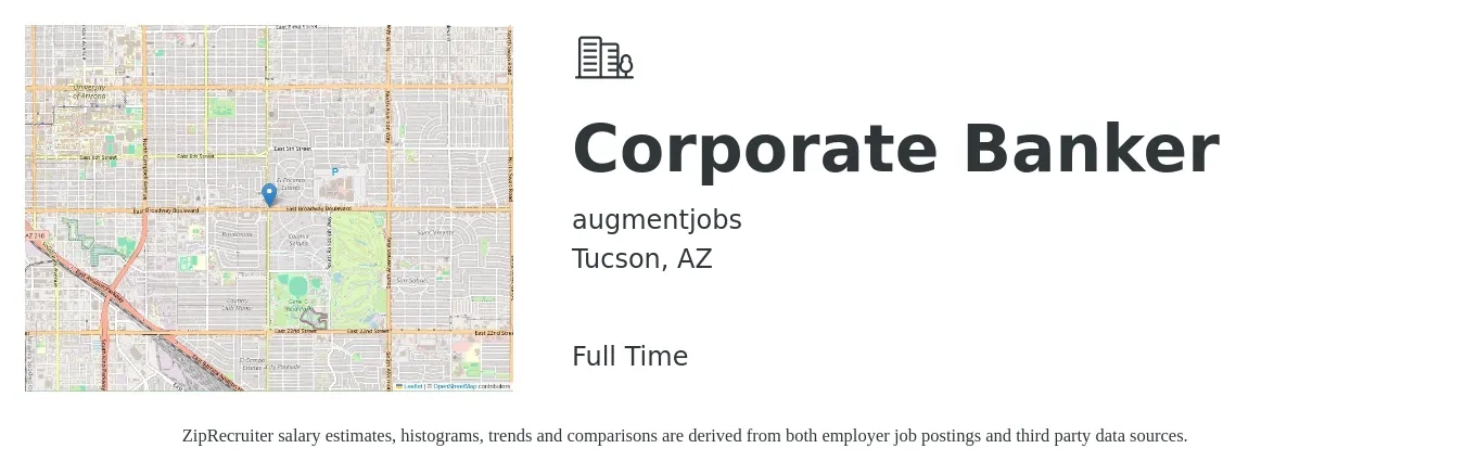 augmentjobs job posting for a Corporate Banker in Tucson, AZ with a salary of $17 to $21 Hourly with a map of Tucson location.