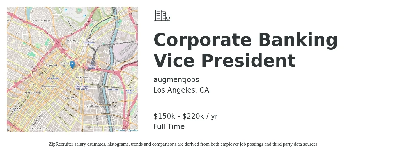 augmentjobs job posting for a Corporate Banking Vice President in Los Angeles, CA with a salary of $150,000 to $220,000 Yearly with a map of Los Angeles location.