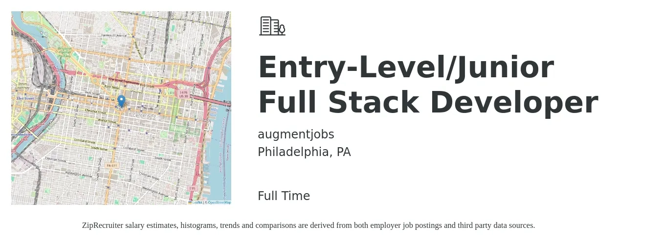 augmentjobs job posting for a Entry-Level/Junior Full Stack Developer in Philadelphia, PA with a salary of $52 to $72 Hourly with a map of Philadelphia location.