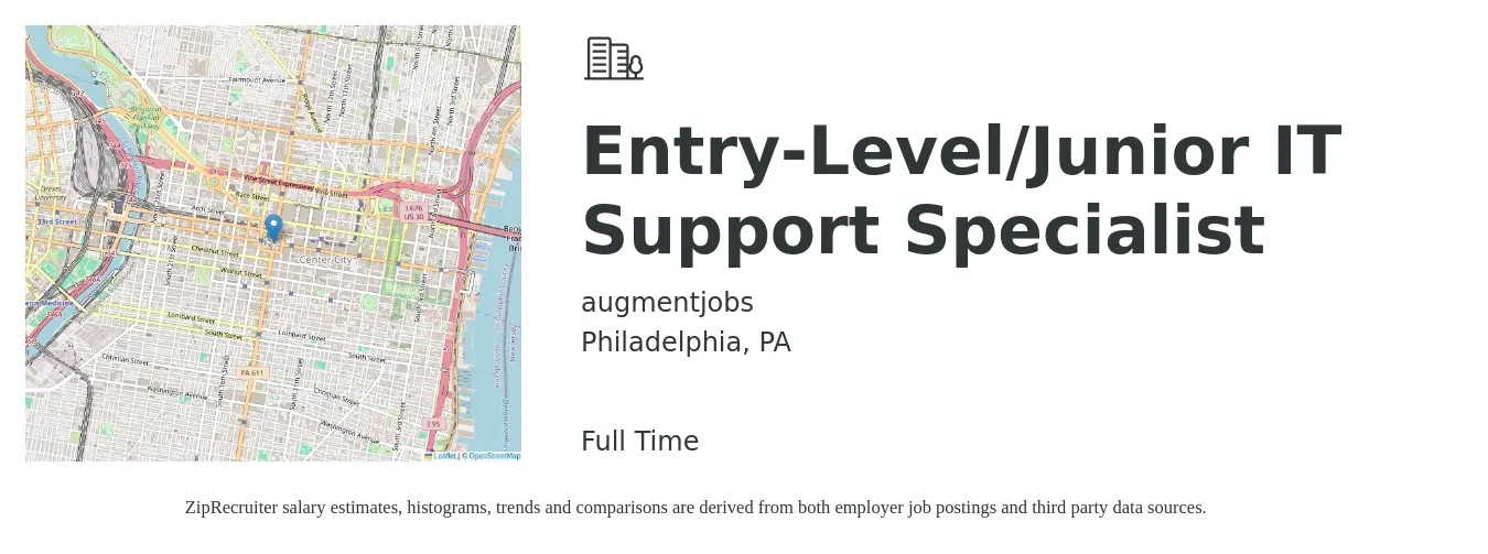 augmentjobs job posting for a Entry-Level/Junior IT Support Specialist in Philadelphia, PA with a salary of $46,900 to $94,900 Yearly with a map of Philadelphia location.