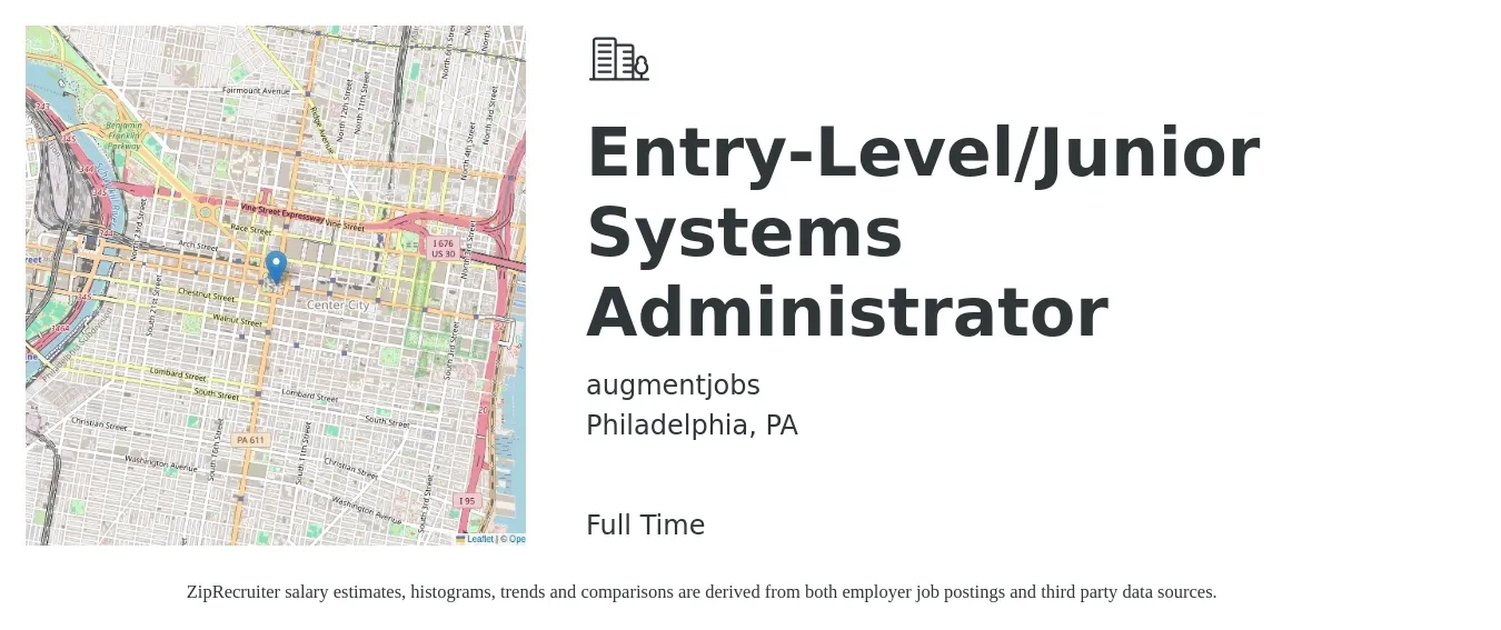 augmentjobs job posting for a Entry-Level/Junior Systems Administrator in Philadelphia, PA with a salary of $53,000 to $73,700 Yearly with a map of Philadelphia location.