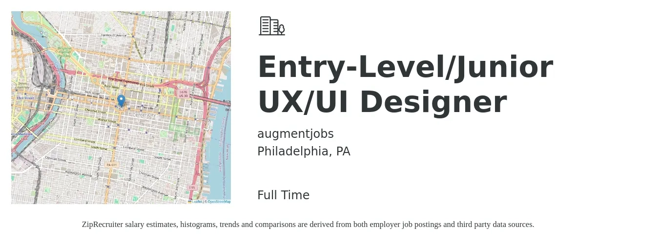 augmentjobs job posting for a Entry-Level/Junior UX/UI Designer in Philadelphia, PA with a salary of $45,900 to $66,100 Yearly with a map of Philadelphia location.