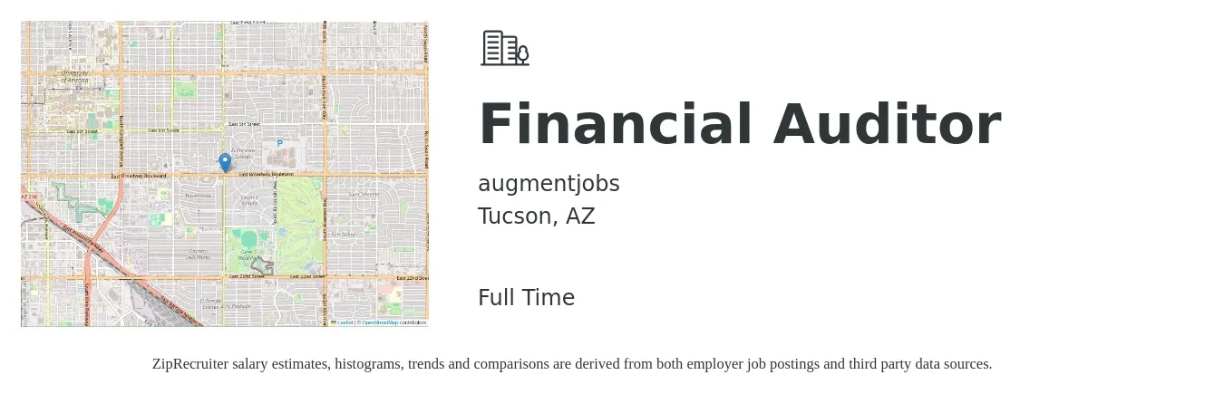 augmentjobs job posting for a Financial Auditor in Tucson, AZ with a salary of $57,200 to $96,900 Yearly with a map of Tucson location.