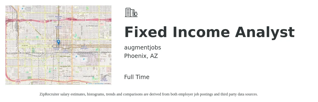 augmentjobs job posting for a Fixed Income Analyst in Phoenix, AZ with a salary of $72,000 to $130,100 Yearly with a map of Phoenix location.