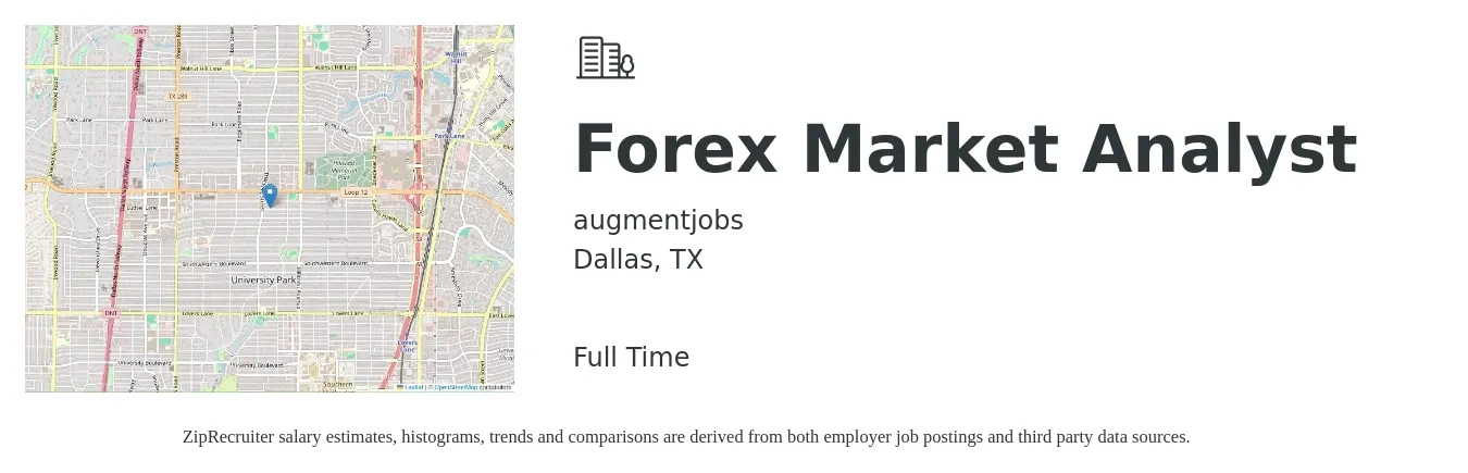augmentjobs job posting for a Forex Market Analyst in Dallas, TX with a map of Dallas location.