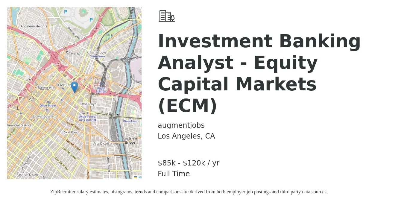 augmentjobs job posting for a Investment Banking Analyst - Equity Capital Markets (ECM) in Los Angeles, CA with a salary of $85,000 to $120,000 Yearly with a map of Los Angeles location.