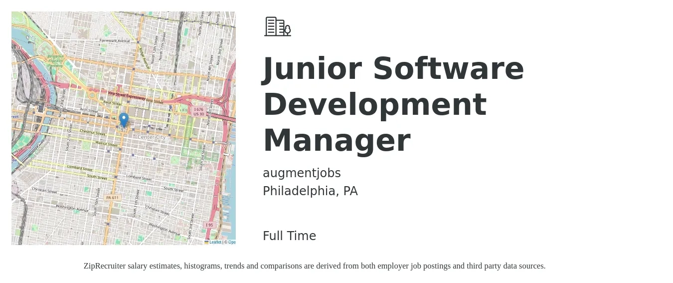 augmentjobs job posting for a Junior Software Development Manager in Philadelphia, PA with a salary of $67,600 to $87,800 Yearly with a map of Philadelphia location.